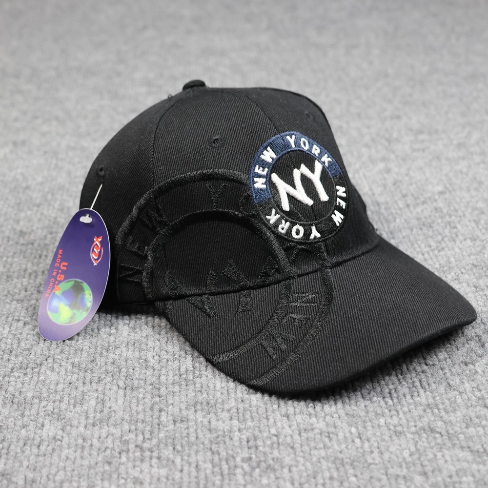 New York NY Hat Cap Strap Back Black Navy Embroidered Patch Wool Blend Mens
